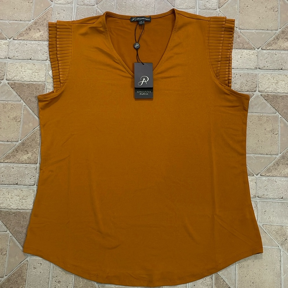 Adriana Papell Women’s Blouse, Pleated sleeve V-Neck, Size M, Color Pumpkins pc
